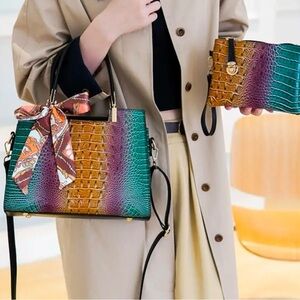 NWOT~ Elegant Two Piece Set: Retro Crocodile Embossed Tote and Crossbody Bag